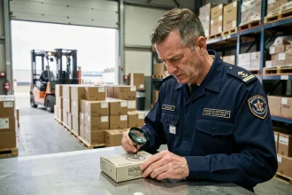 Inspecteur des douanes européen examinant un produit étiqueté CE China Export dans un entrepôt portuaire