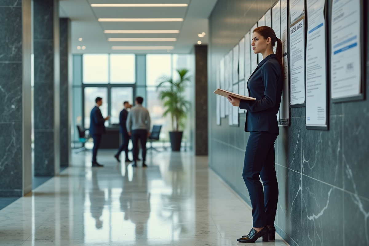 Jeune femme municipale vérifiant une affiche officielle dans un hall moderne