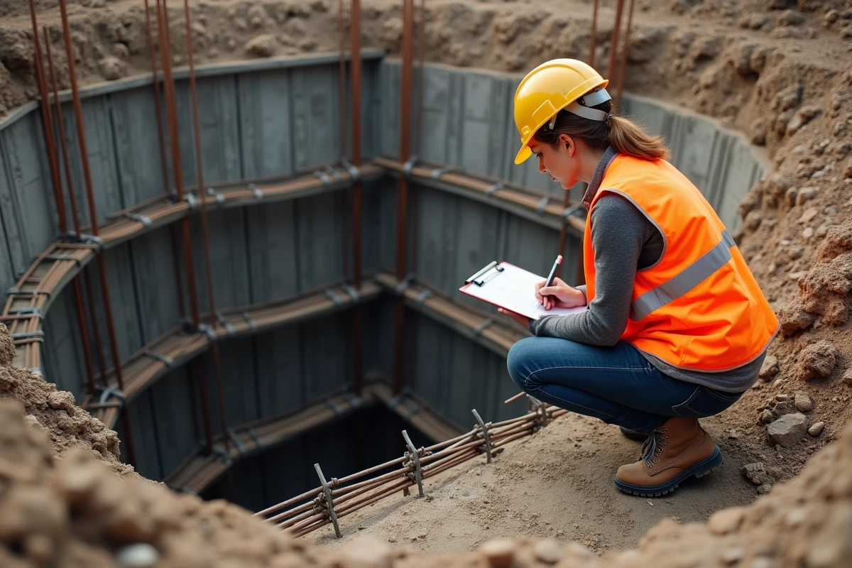 Inspectrice en sécurité structurelle contrôlant l'armature en acier d'une fondation en béton sur un chantier de construction