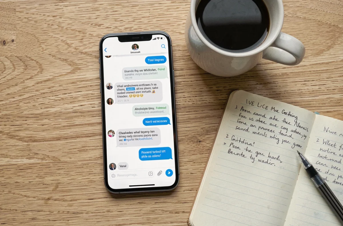 Smartphone affichant une interface de live chat mobile posé sur un bureau en bois