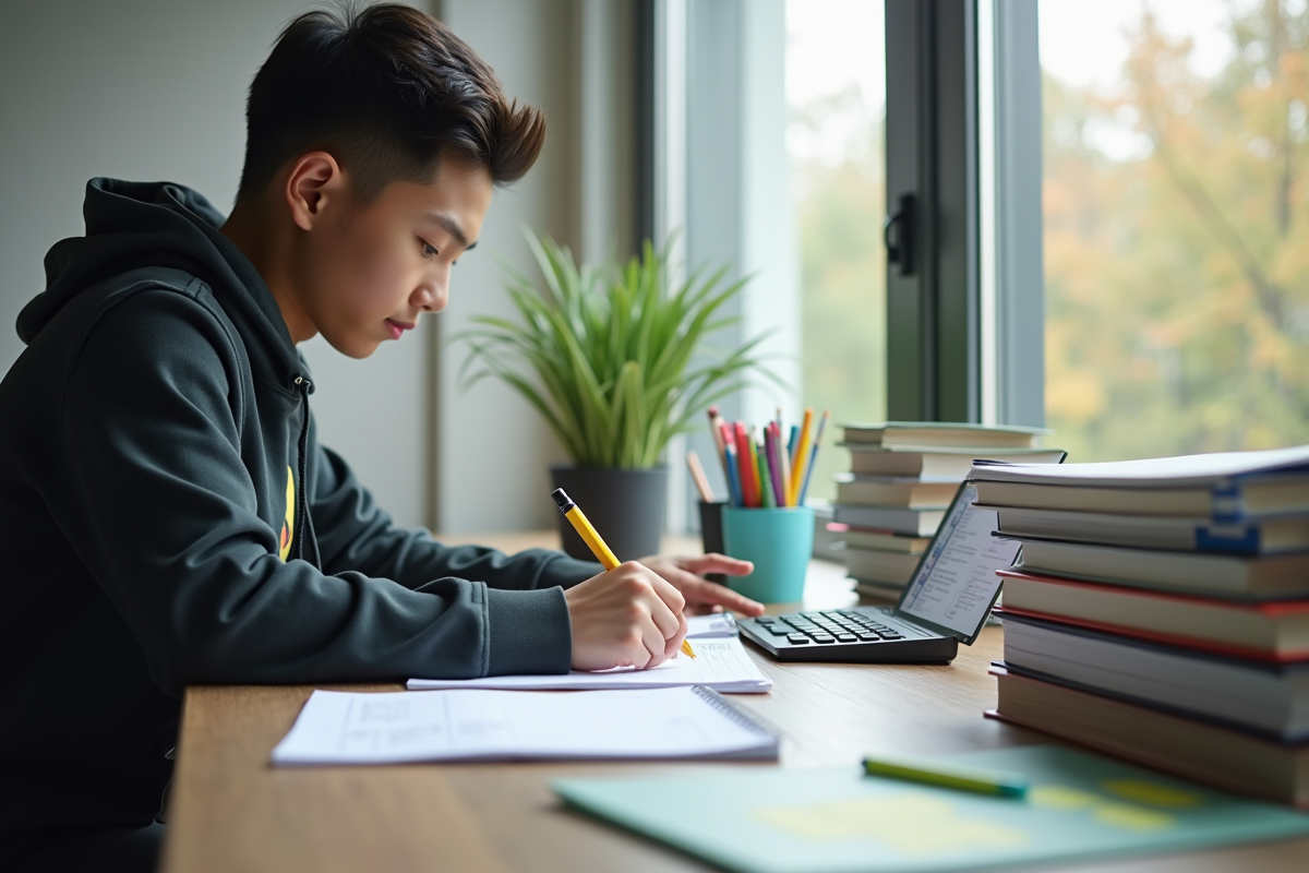 Jeune adulte concentré à son bureau avec livres et calculatrice