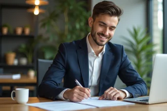 Jeune entrepreneur en bureau moderne avec documents d'assurance
