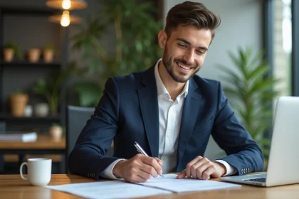 Jeune entrepreneur en bureau moderne avec documents d'assurance