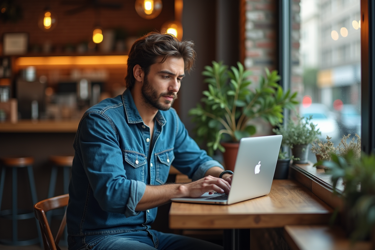 Jeune entrepreneur seul au café regardant son ordinateur portable
