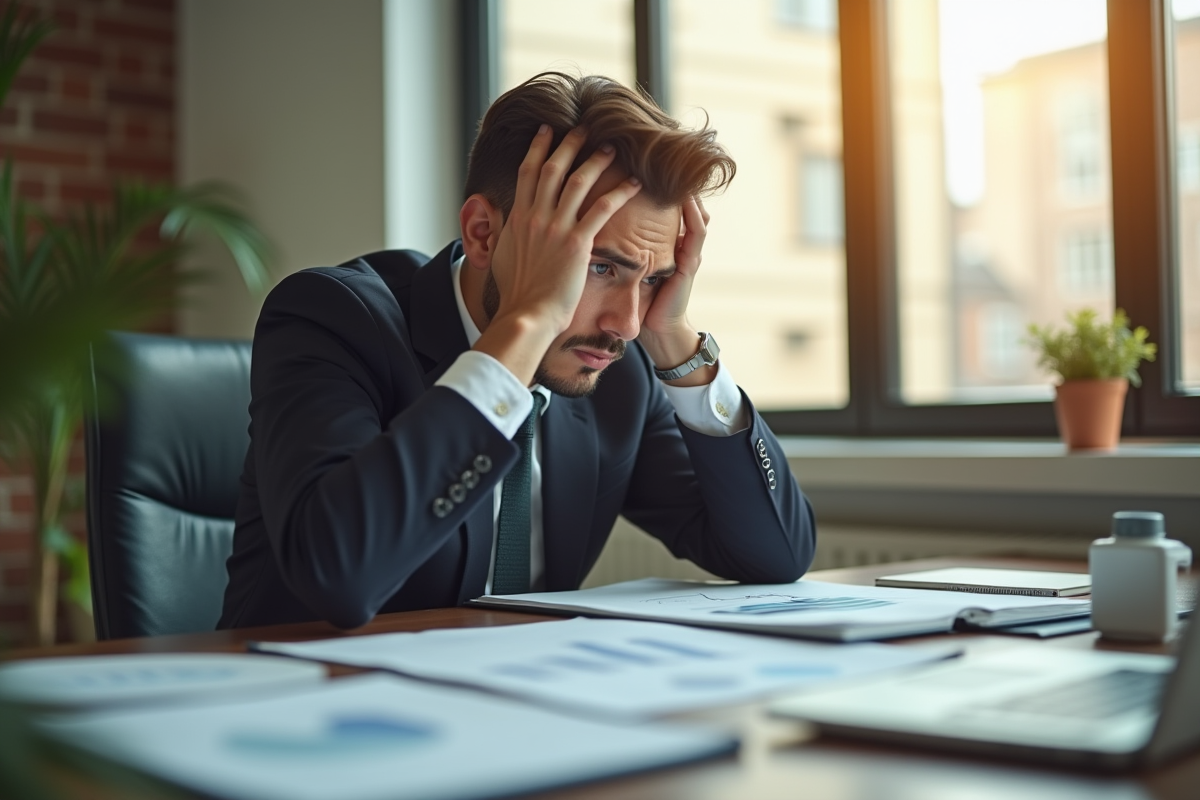 Jeune entrepreneur inquiet dans un bureau moderne et lumineux