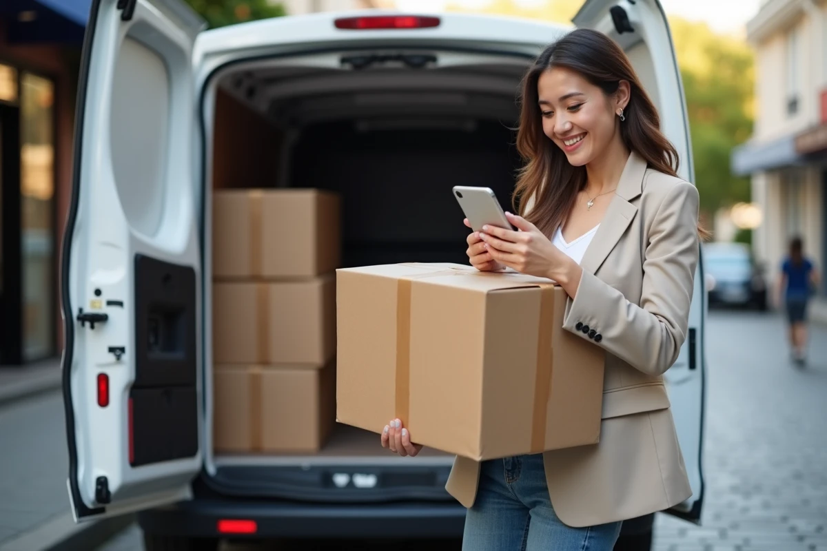 Jeune entrepreneure souriante avec colis devant une camionnette