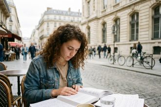 Jeune étudiante assise en café parisien lisant un livre