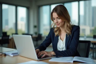 Jeune femme d'affaires au bureau utilisant son ordinateur