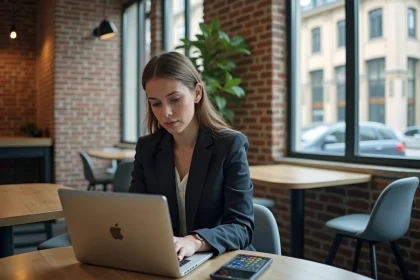 Jeune femme en co-working à Paris étudie marketing