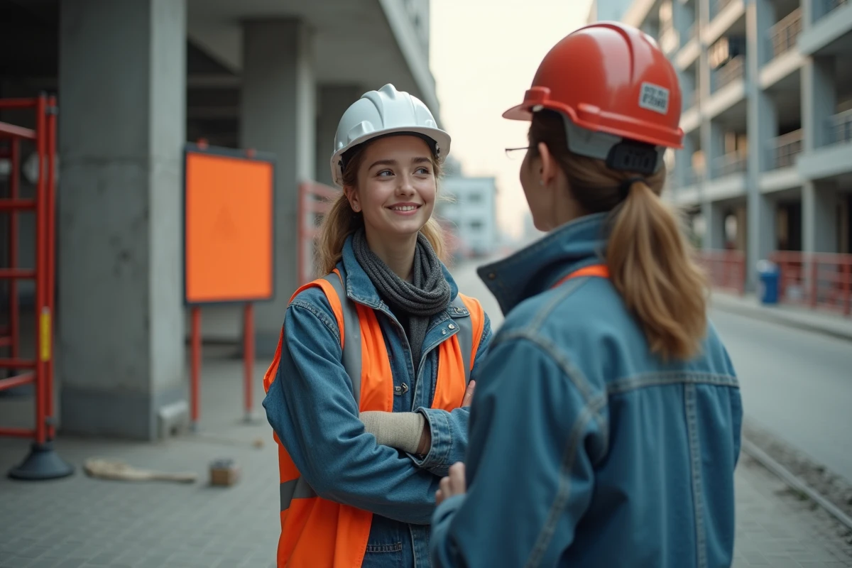 Jeune femme artisan discutant devant un site de construction
