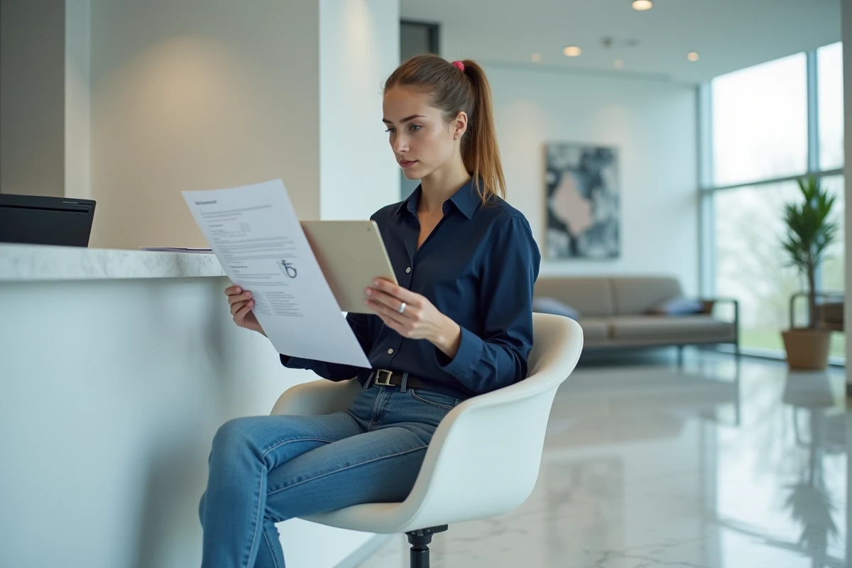 Jeune femme regardant des documents dans un hall d