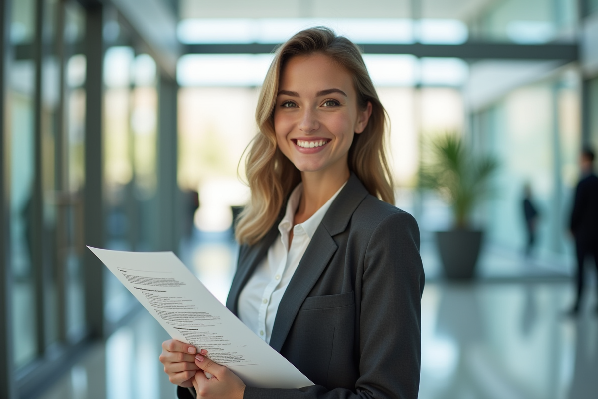 Jeune femme confiante dans un lobby moderne avec un CV