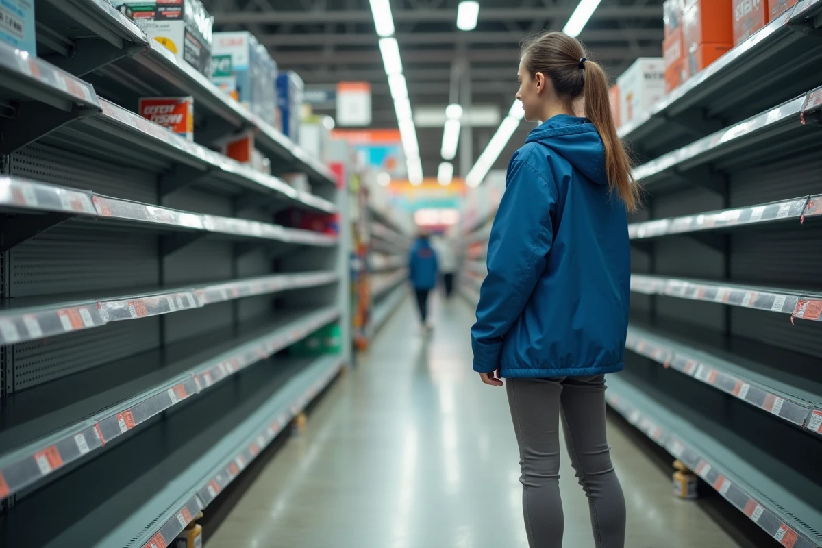 Jeune femme observant des rayons vides dans un magasin de sport