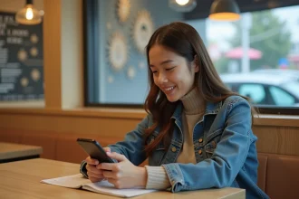 Jeune femme en denim remplissant un sondage sur son smartphone