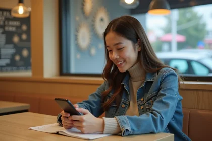 Jeune femme en denim remplissant un sondage sur son smartphone