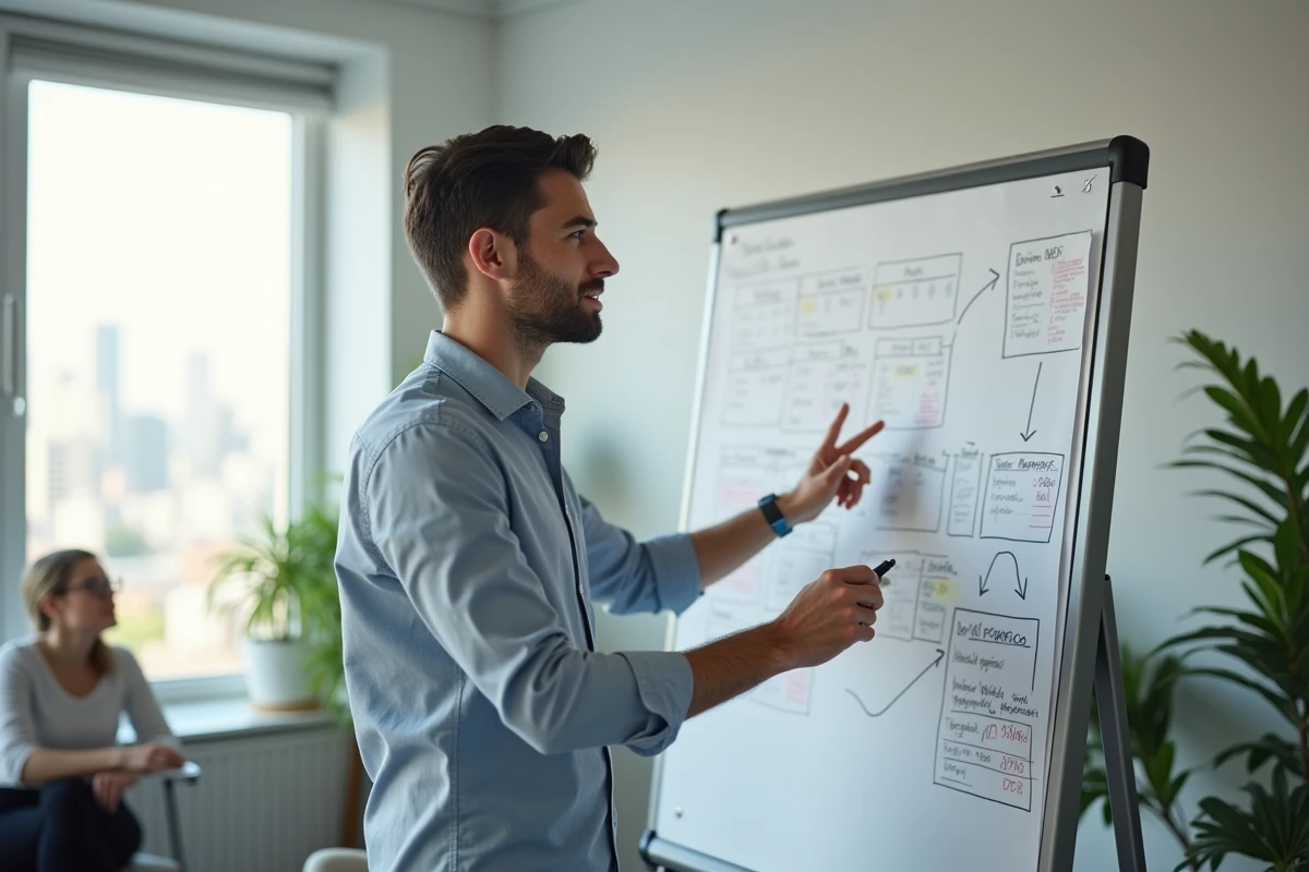 Jeune homme expliquant un schéma lors d