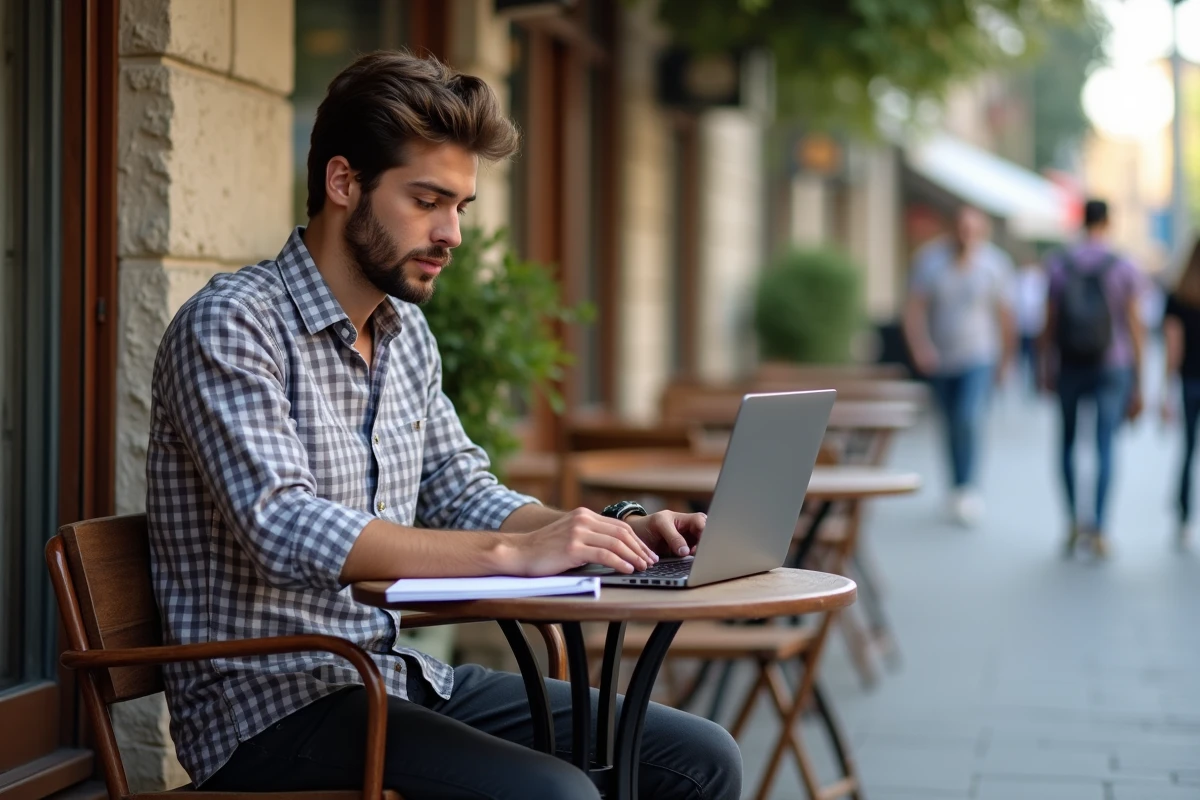 Jeune homme au café à Grenoble utilisant son ordinateur portable