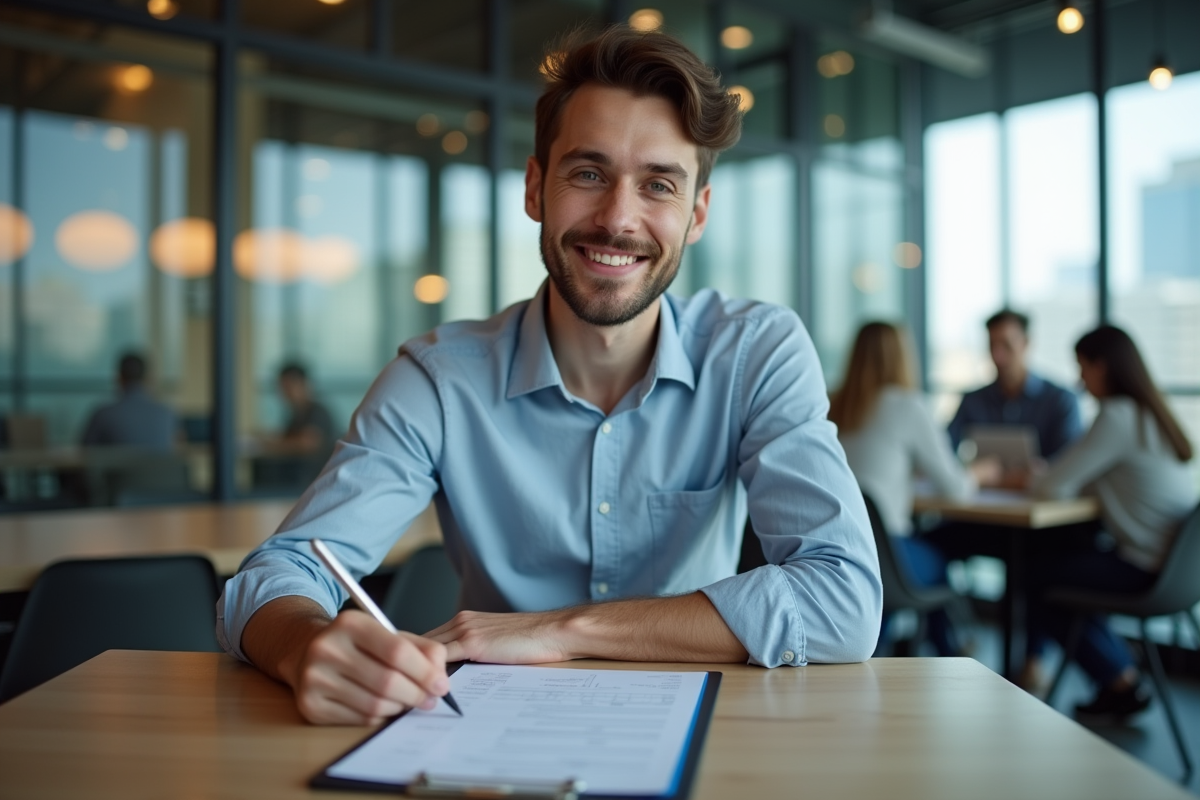 Jeune homme remplissant des formulaires de retraite dans un espace de coworking
