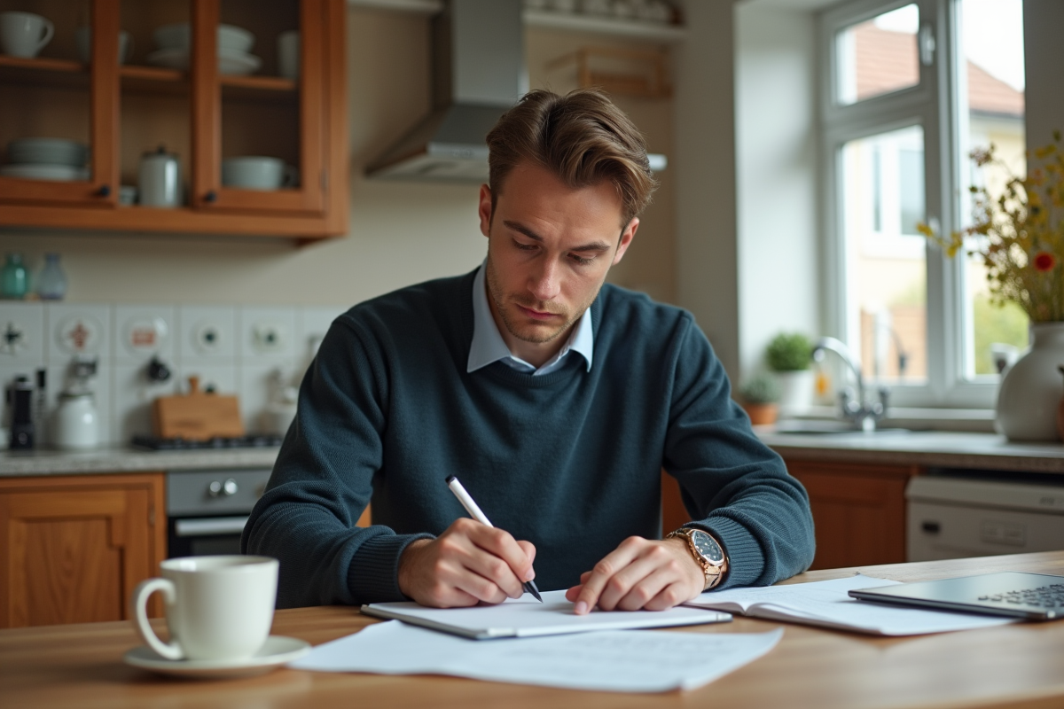 Jeune homme remplissant des papiers à la maison