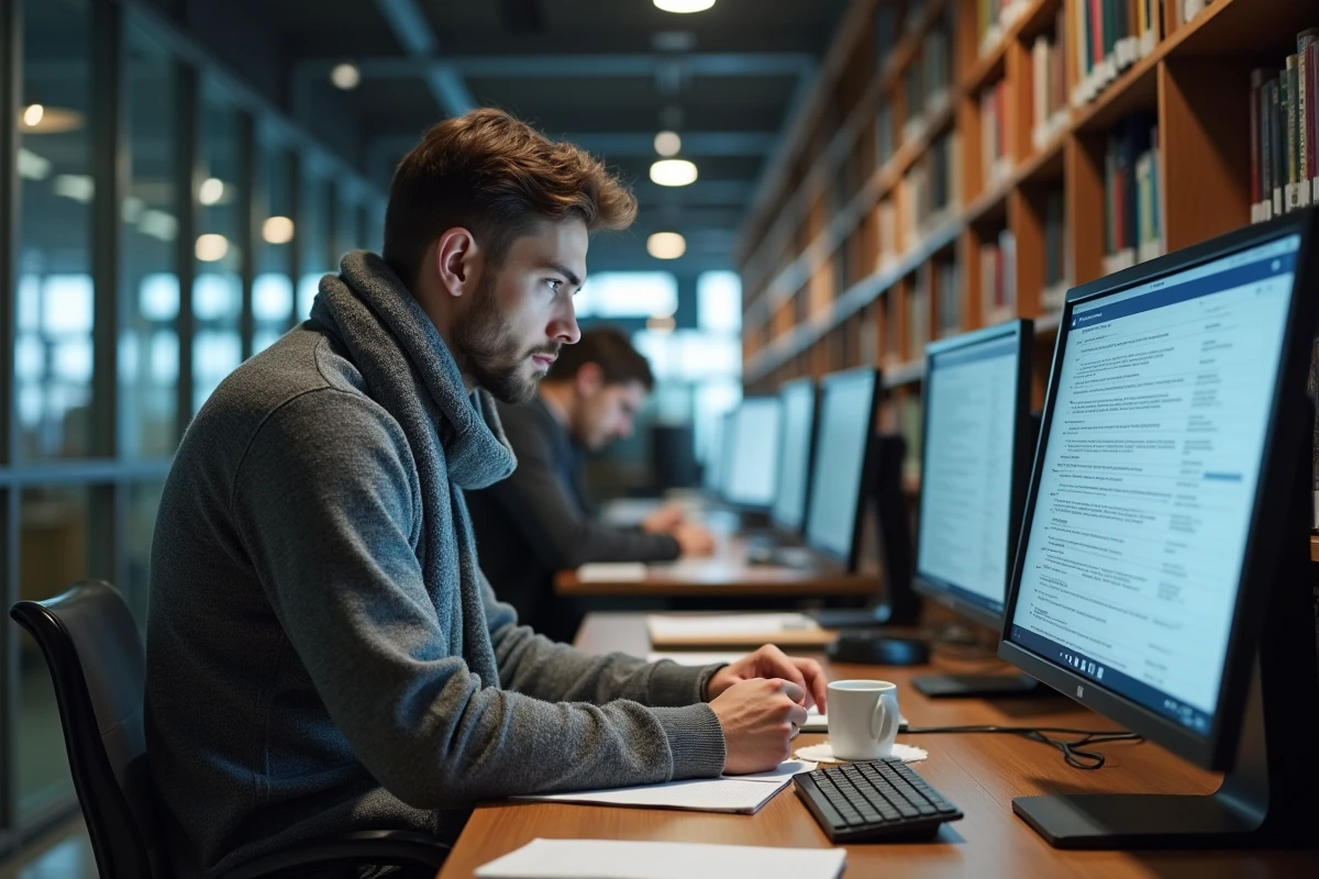 Jeune homme recherchant dans une biblioth&egrave;que moderne avec ordinateur