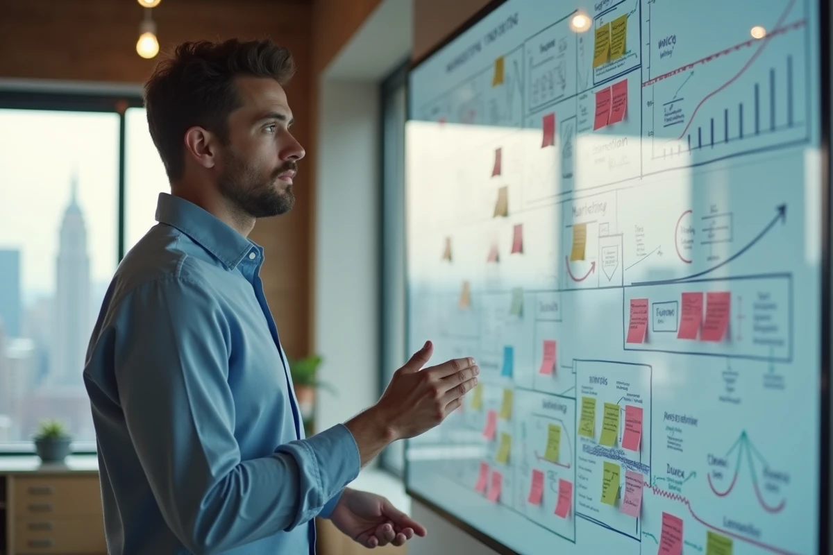 Jeune homme expliquant une strategie marketing devant un whiteboard