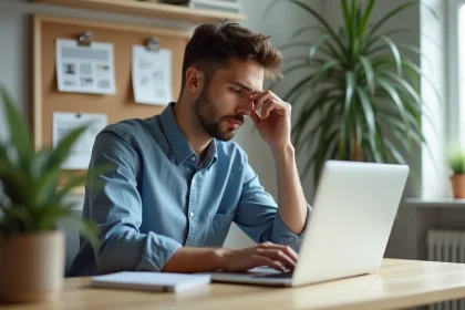 Jeune professionnel en bureau lumineux travaillant sur son ordinateur