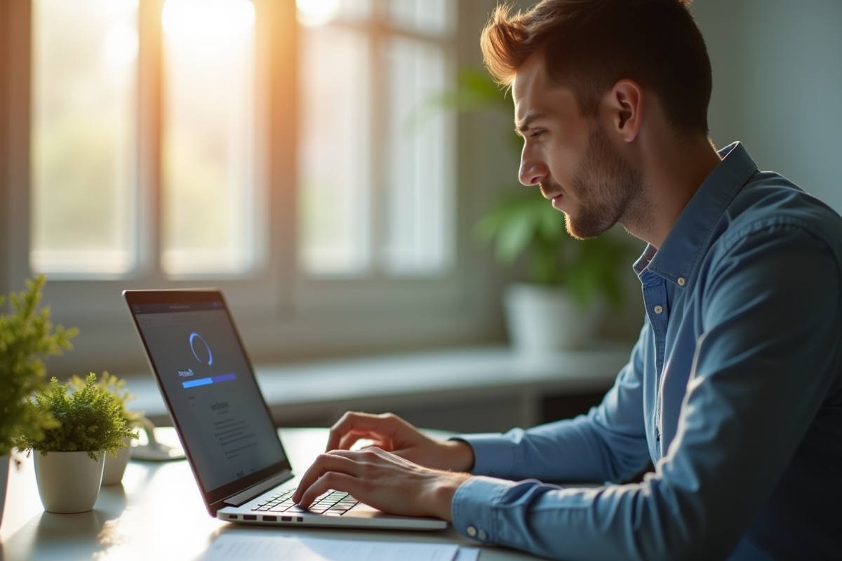 Jeune professionnel vérifiant son ordinateur au bureau lumineux