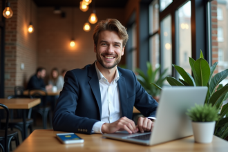Jeune homme en blazer blanc et chemise dans un cafe avec ordinateur et wallet crypto