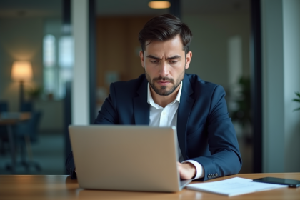 Jeune homme professionnel regardant des commentaires négatifs en ligne