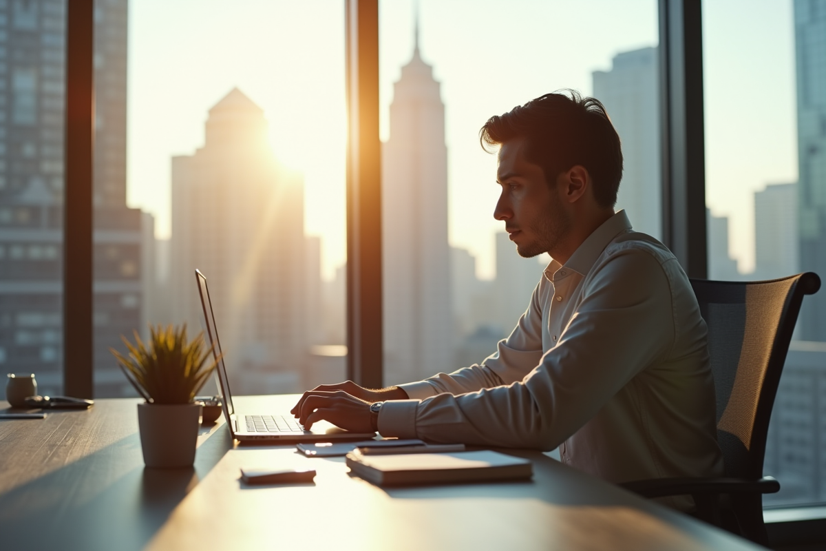 Jeune professionnel travaillant à un bureau moderne près d'une fenêtre