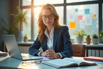 Jeune professionnel au bureau avec livres et ordinateur