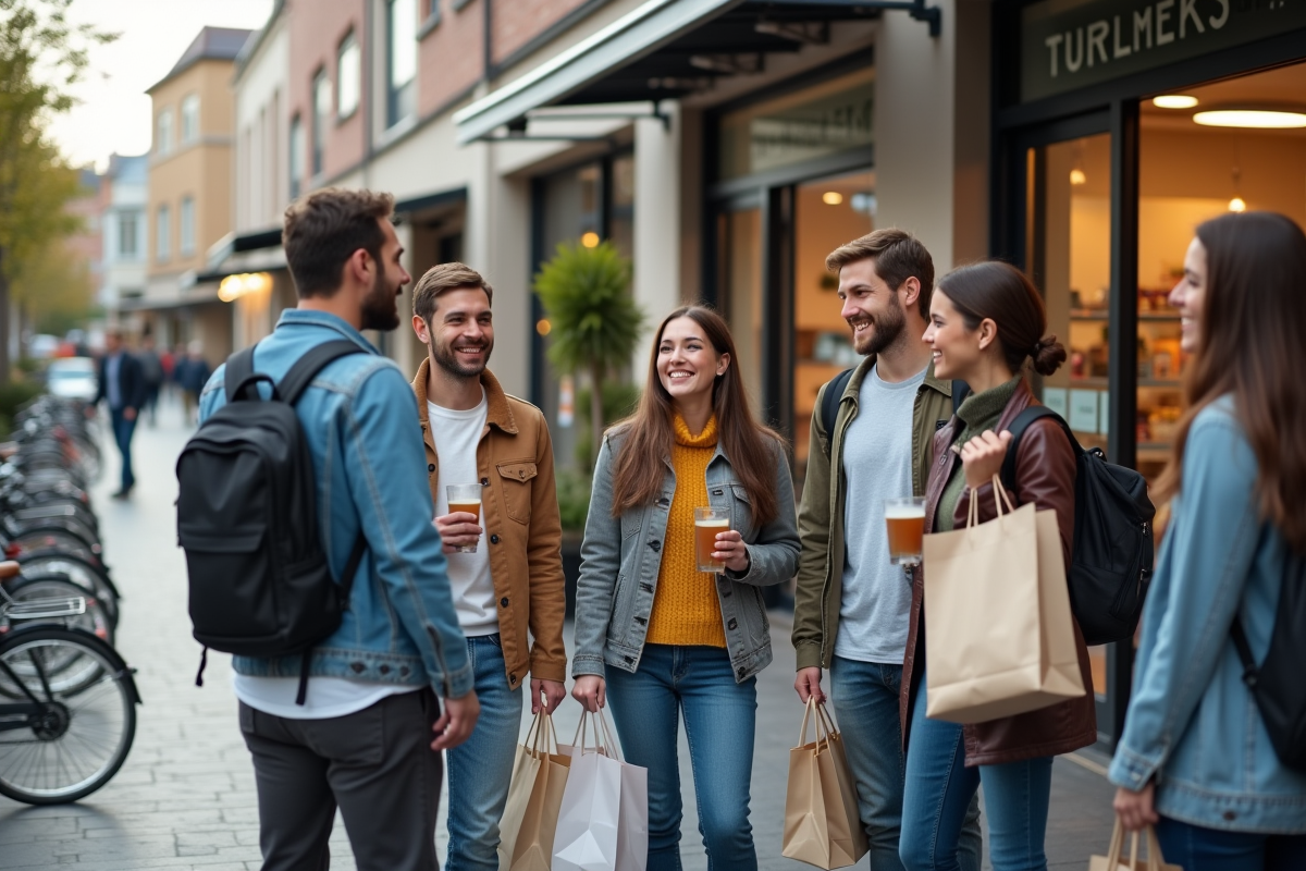 Groupe de jeunes adultes discutant devant un supermarché en plein air