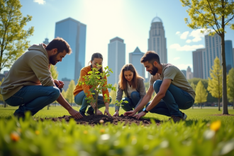 Groupe de personnes plantant des jeunes arbres dans un parc urbain