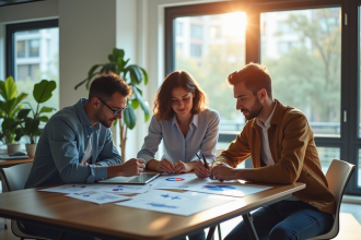 Trois jeunes professionnels discutant de documents juridiques