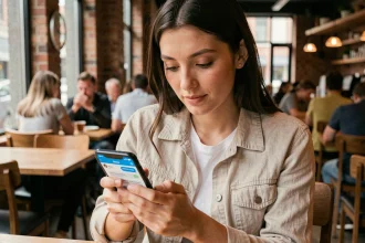 Jeune femme utilisant le live chat sur son smartphone dans un café urbain