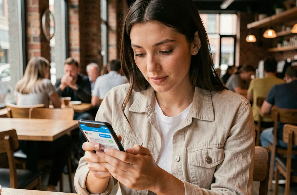 Jeune femme utilisant le live chat sur son smartphone dans un café urbain