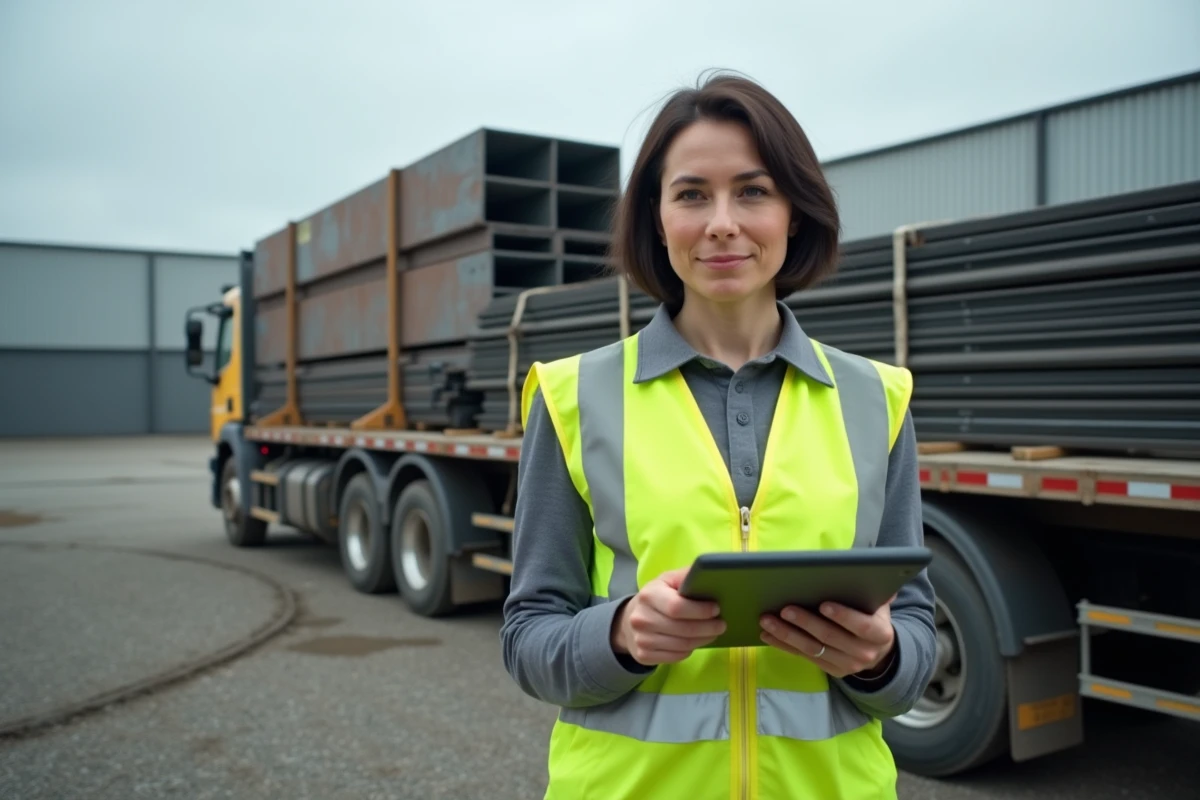 Coordinatrice logistique supervisant la livraison de fer en acier devant un camion de transport
