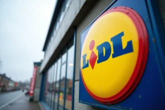 Gros plan sur le logo Lidl circulaire rouge bleu et jaune fixé sur la facade d'un supermarché en zone commerciale urbaine