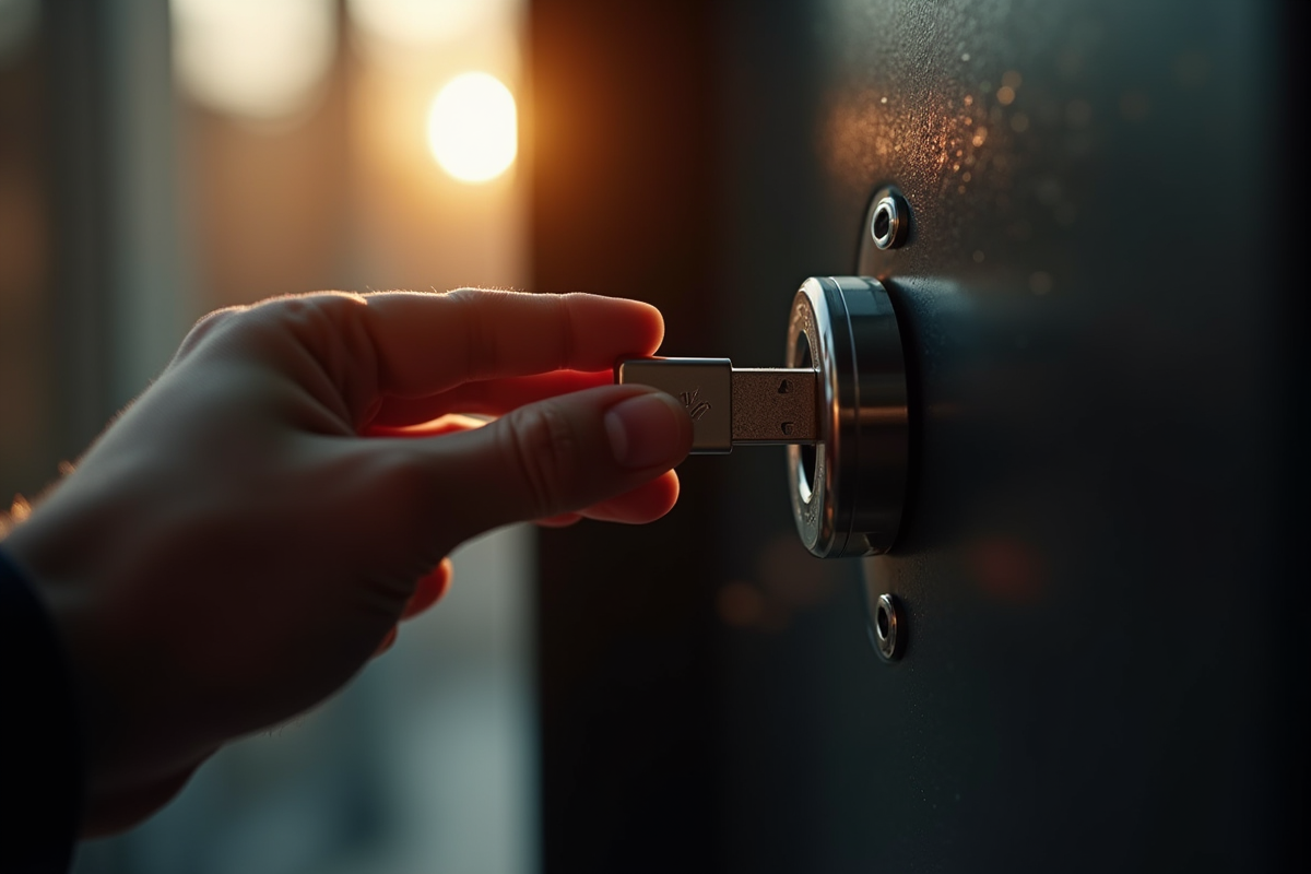 Main insérant une clé USB dans un coffre-fort sécurisé