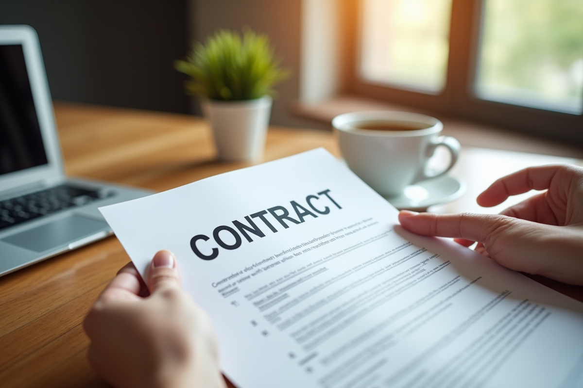 Mains tenant un contrat avec un café et un ordinateur en arrière-plan