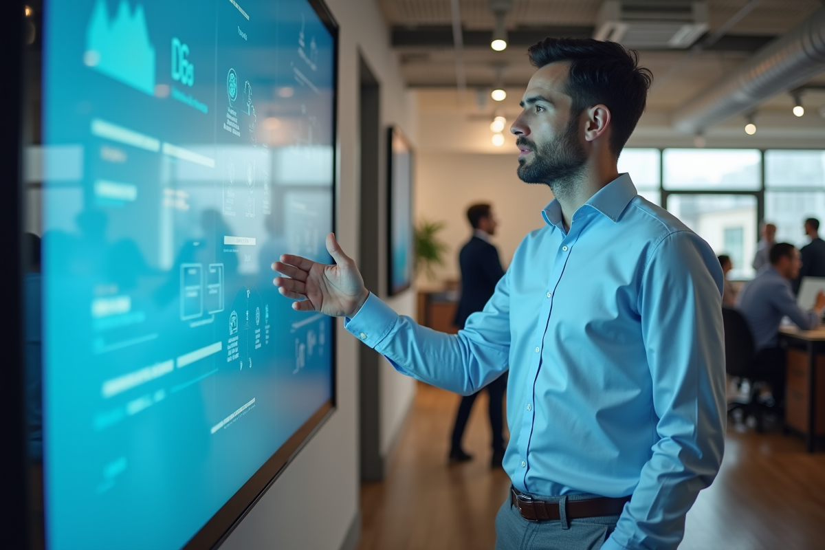 Manager HR expliquant devant un écran digital dans un bureau