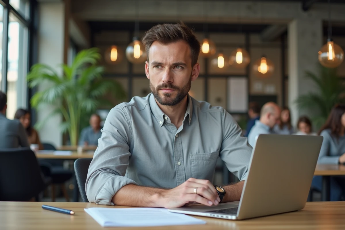Manager en espace de coworking r&eacute;digeant une demande de rupture conventionnelle sur son ordinateur portable
