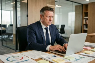 Manager dépassé par ses responsabilités assis à son bureau dans un open space moderne, illustrant le principe de Peter dans les organisations en 2026