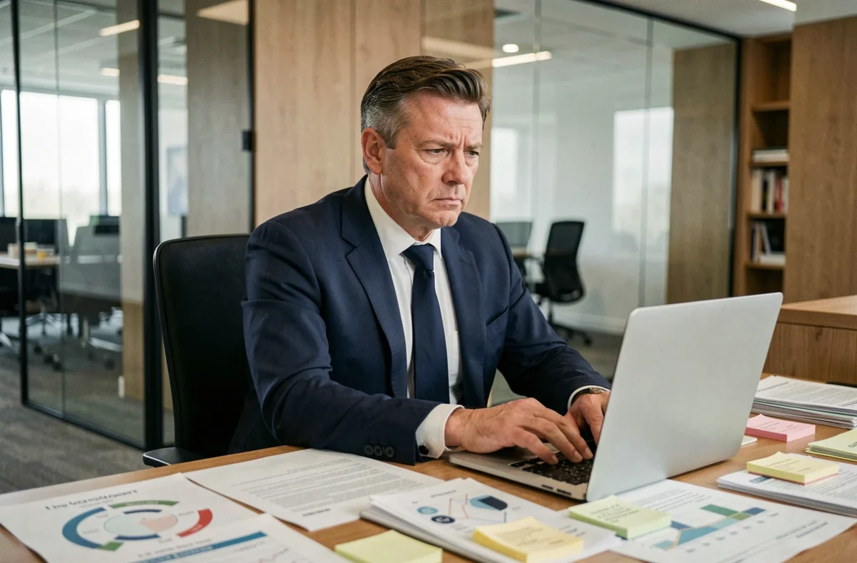 Manager dépassé par ses responsabilités assis à son bureau dans un open space moderne, illustrant le principe de Peter dans les organisations en 2026
