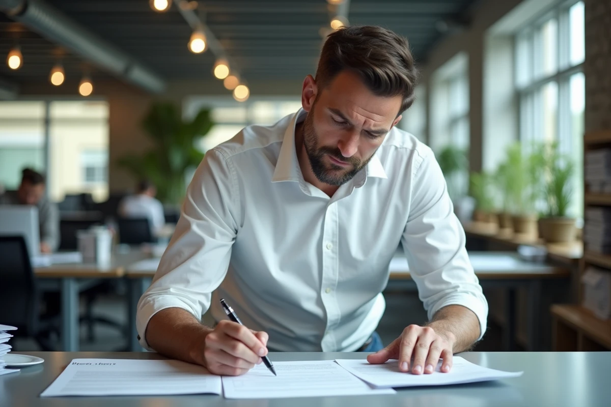 Manager examinant une note de communication interne imprimée lors d'une situation de crise au bureau