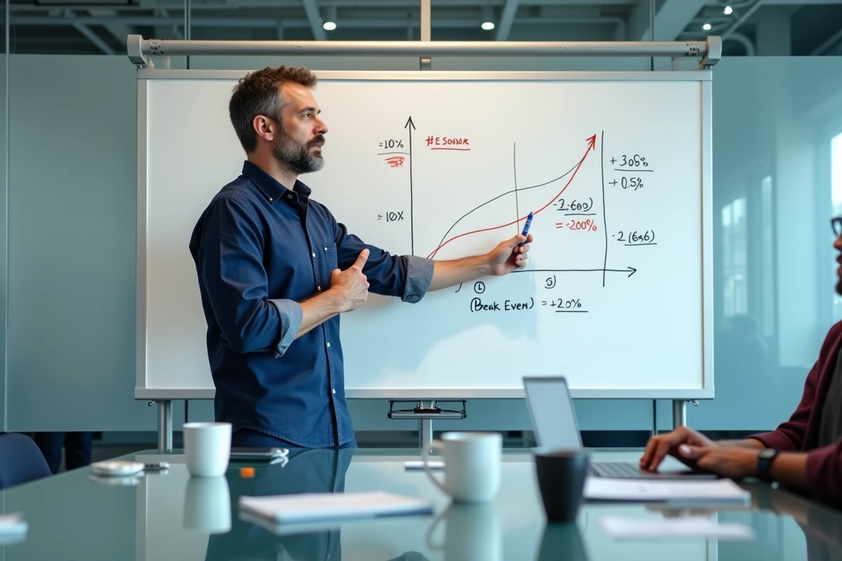 Manager expliquant le calcul du seuil de rentabilité sur un tableau blanc en salle de réunion B2B