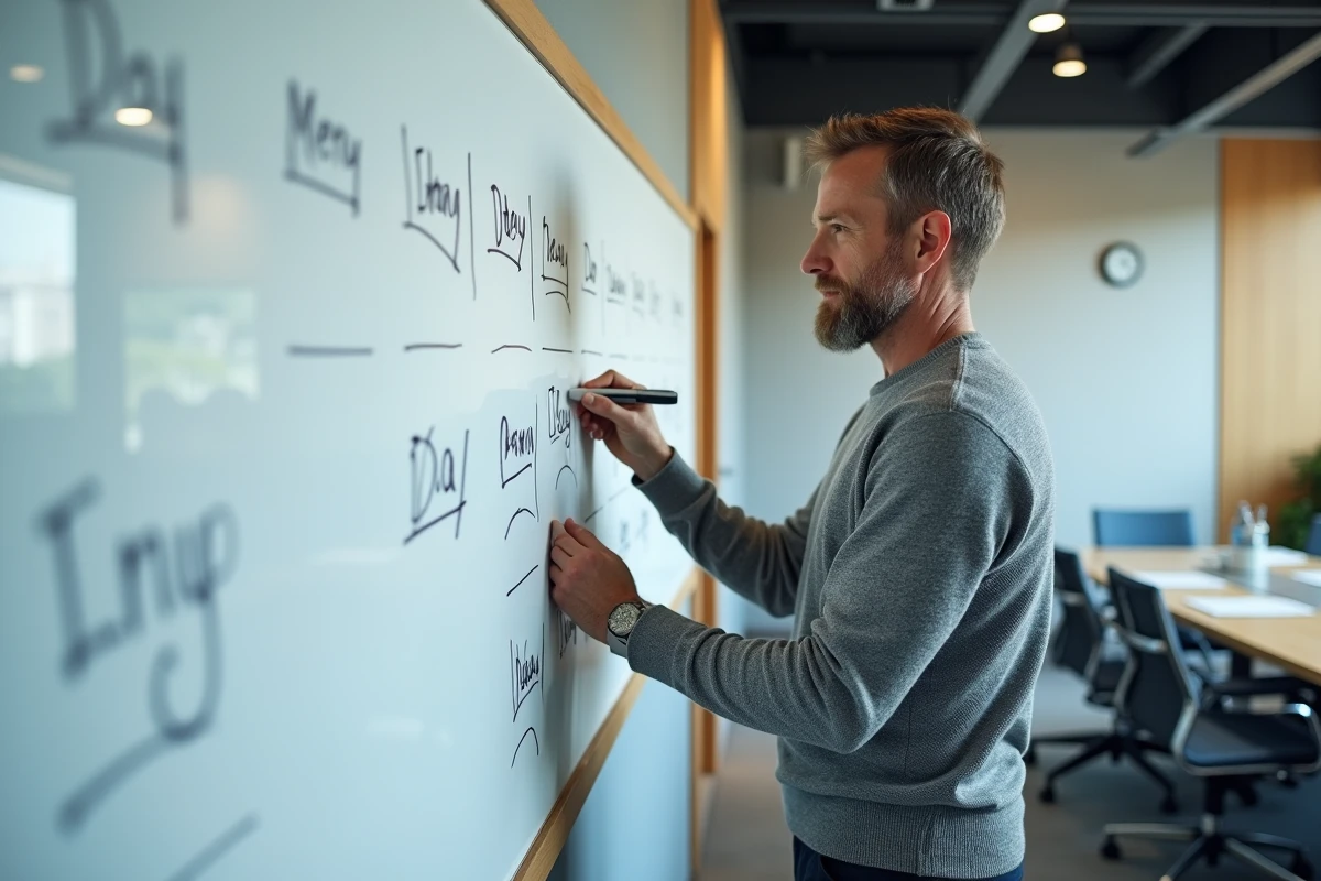 Manager en réunion notant le nombre de semaines et jours ouvrables 2026 sur un tableau blanc en entreprise