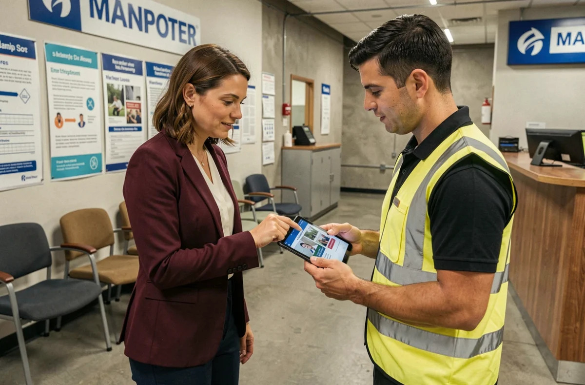 Consultante Manpower accompagnant un travailleur intérimaire via tablette numérique en agence