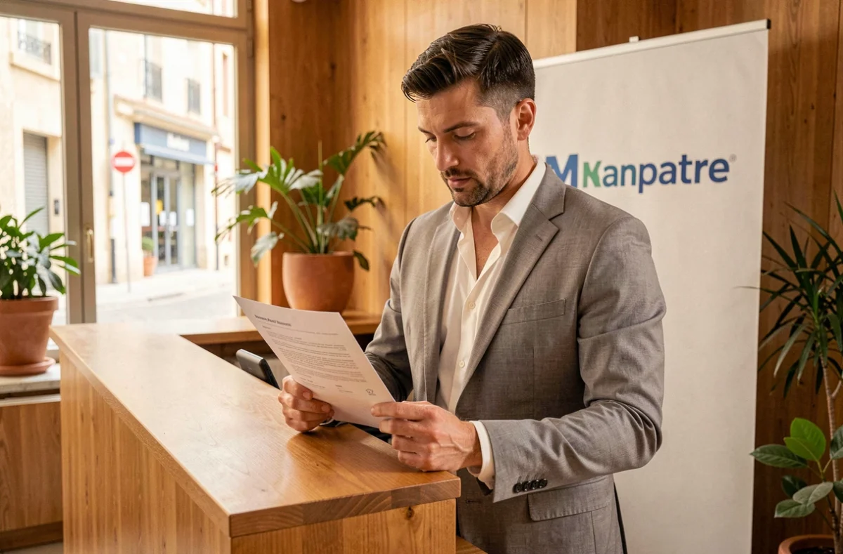 Consultant en recrutement de l'agence Manpower à Aix-en-Provence examinant un CV au comptoir d'accueil