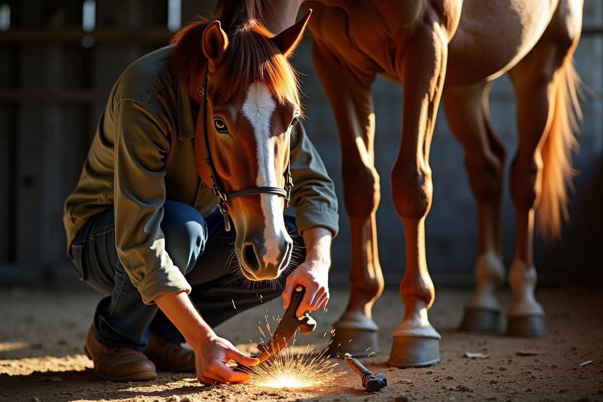 Maréchal ferrant posant des fers sur un cheval puissant en stabule